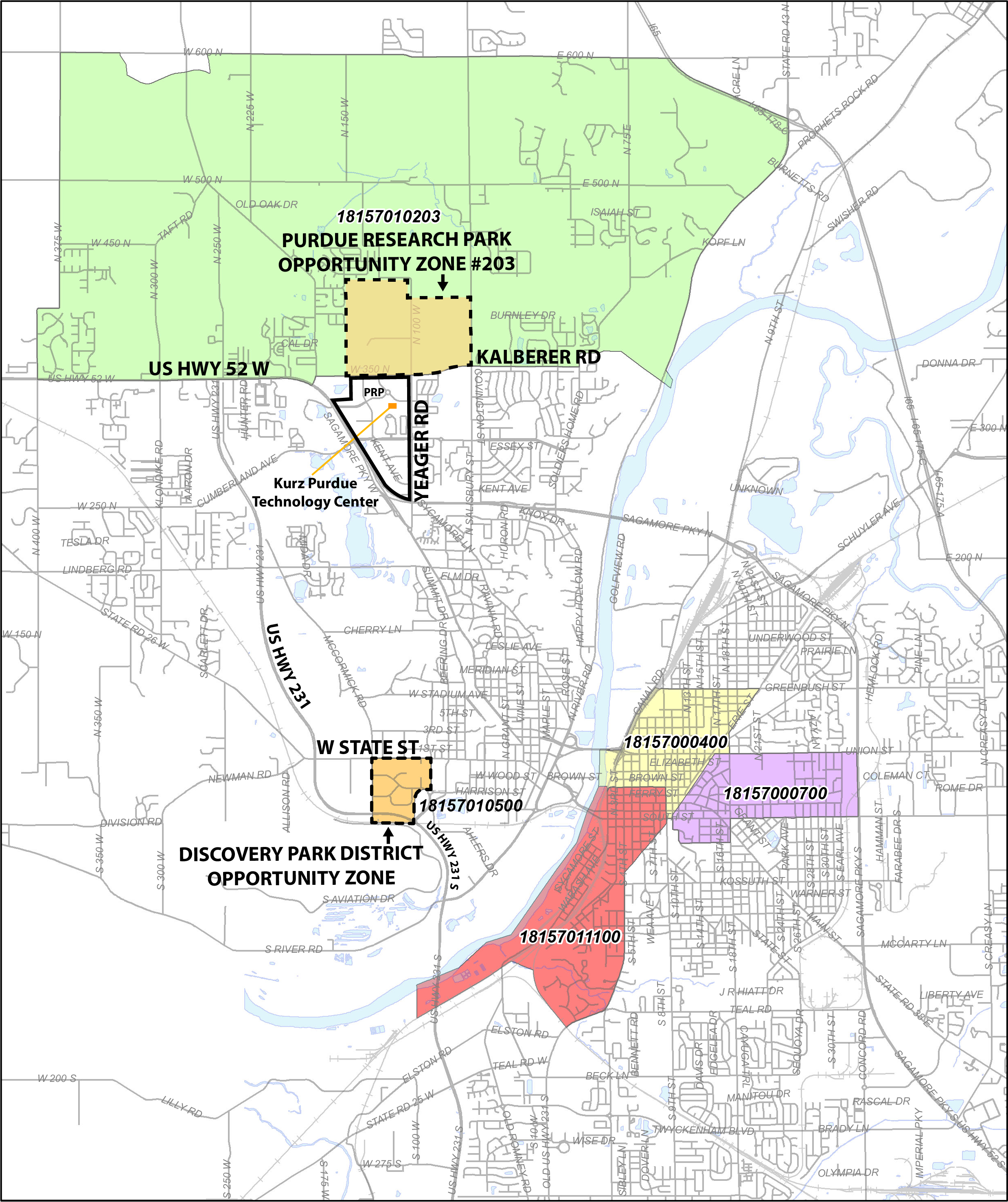 Map of opportunity zones in the Purdue Research Park.